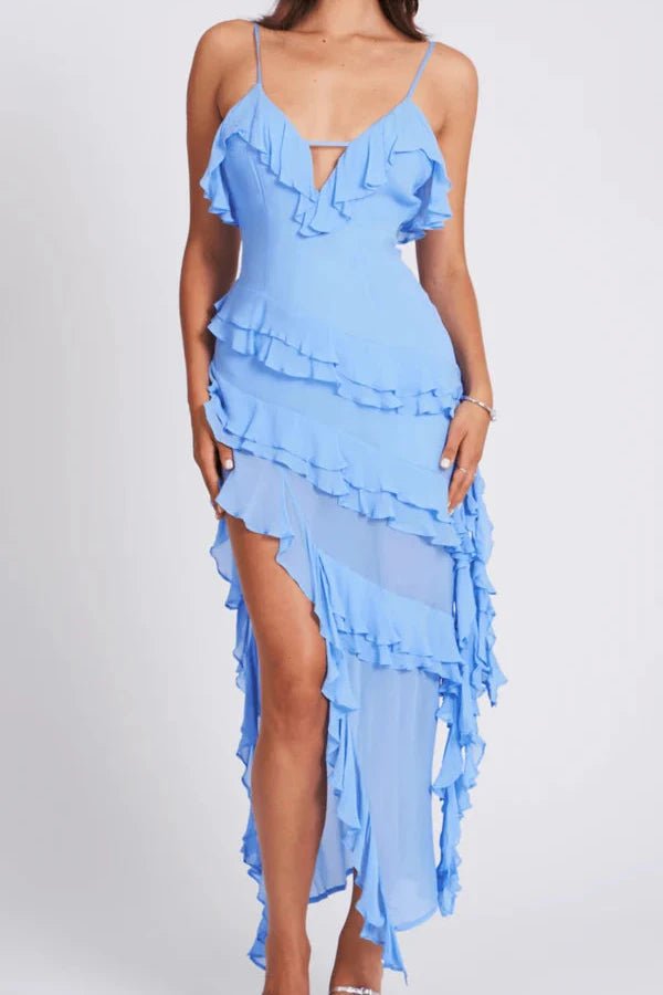 Robe femme à volants bretelles asymétrique légère