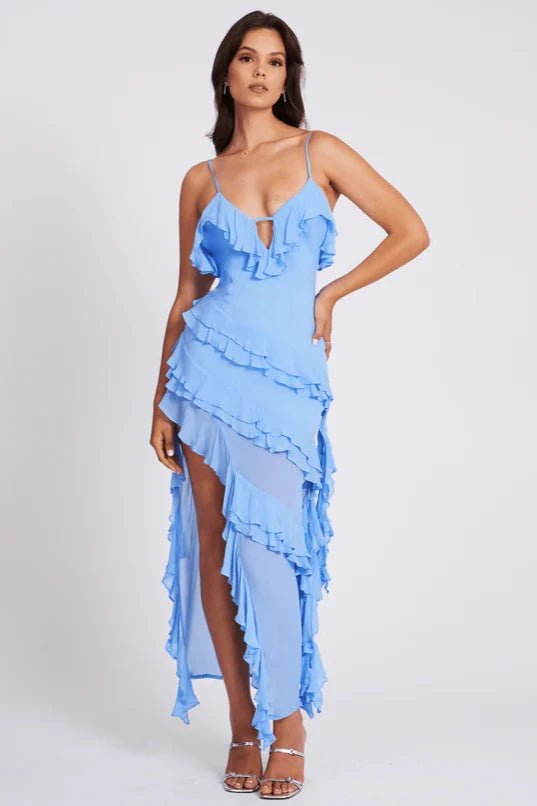 Robe femme à volants bretelles asymétrique légère