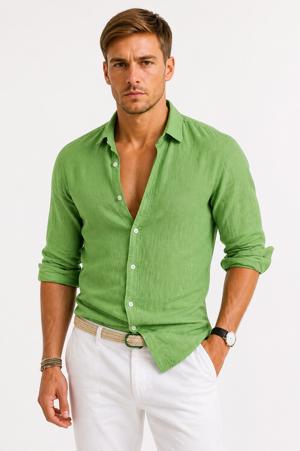 Chemise Lin Homme Manches Longues Légère Col Classique Été