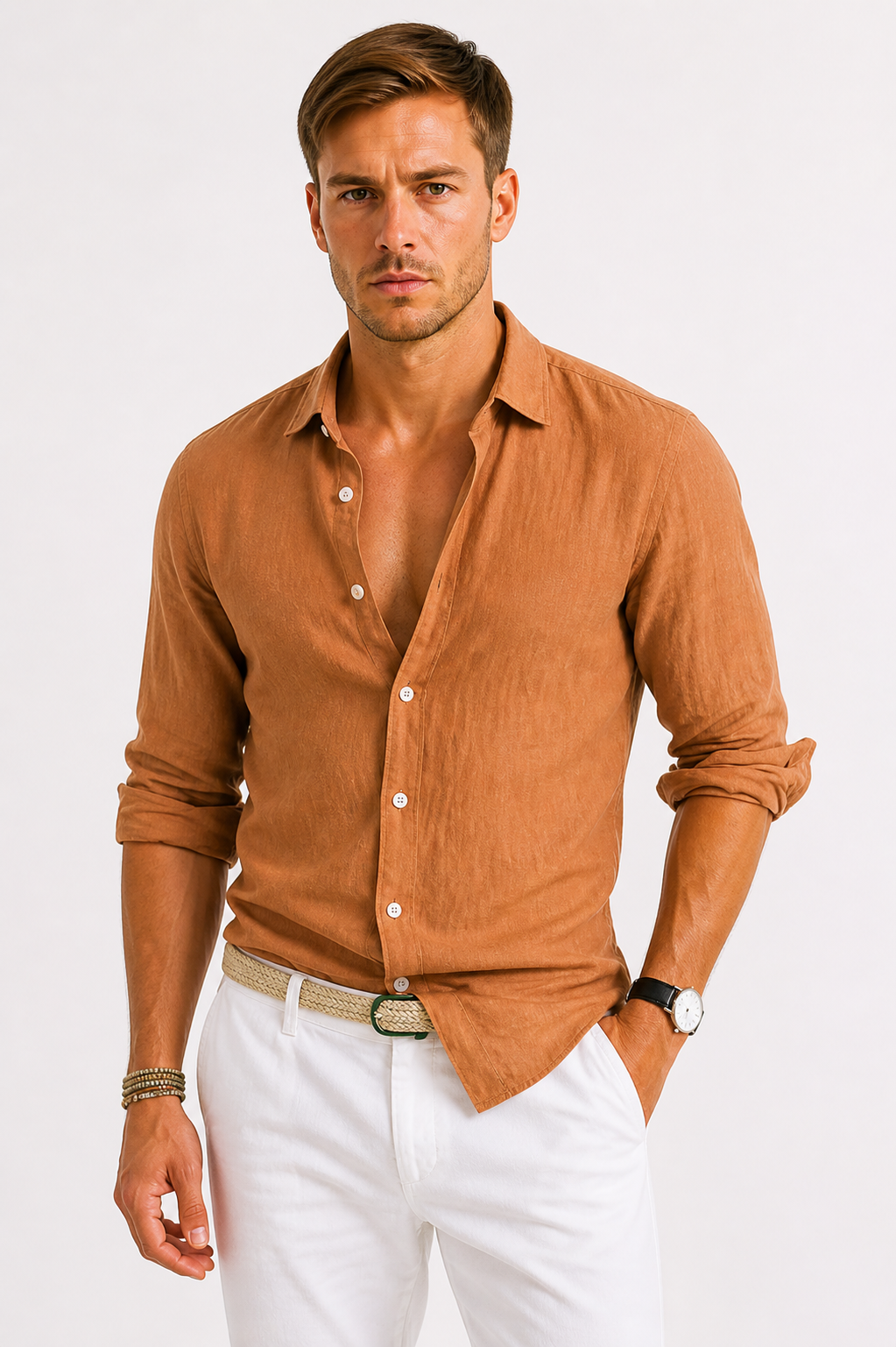 Chemise Lin Homme Manches Longues Légère Col Classique Été