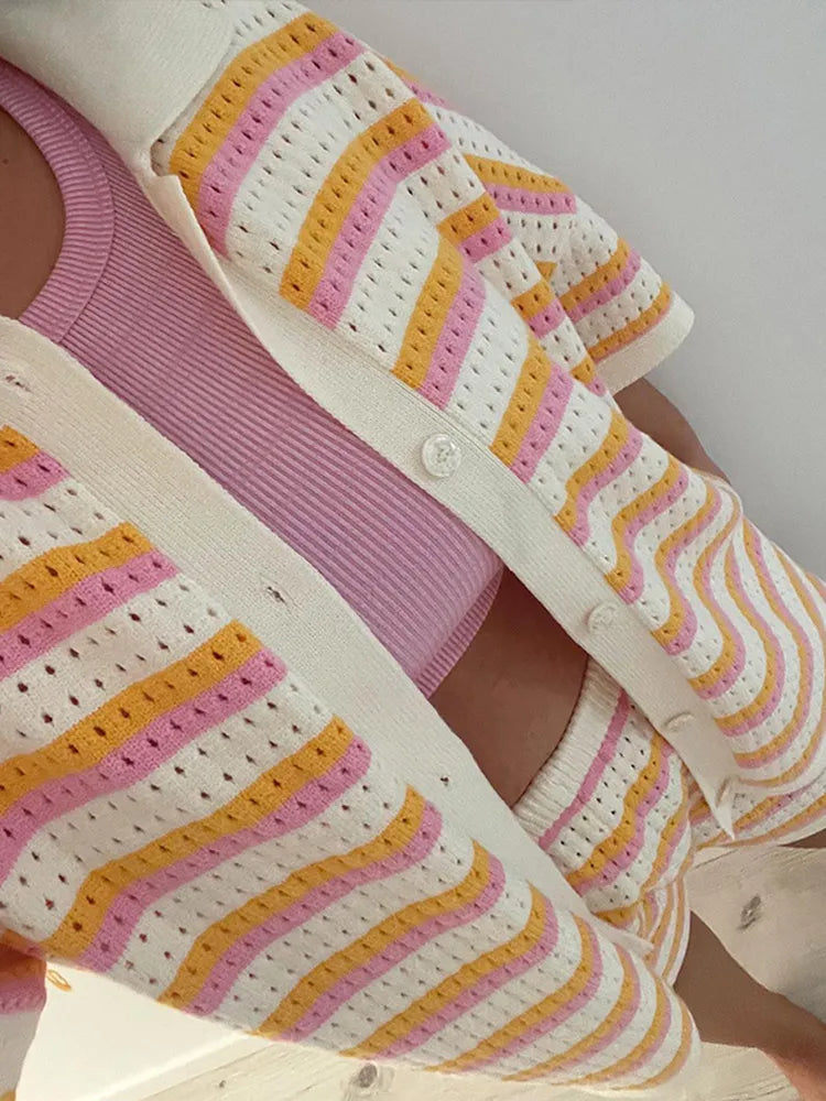 Ensemble maille femme deux pièces rayures contrastées