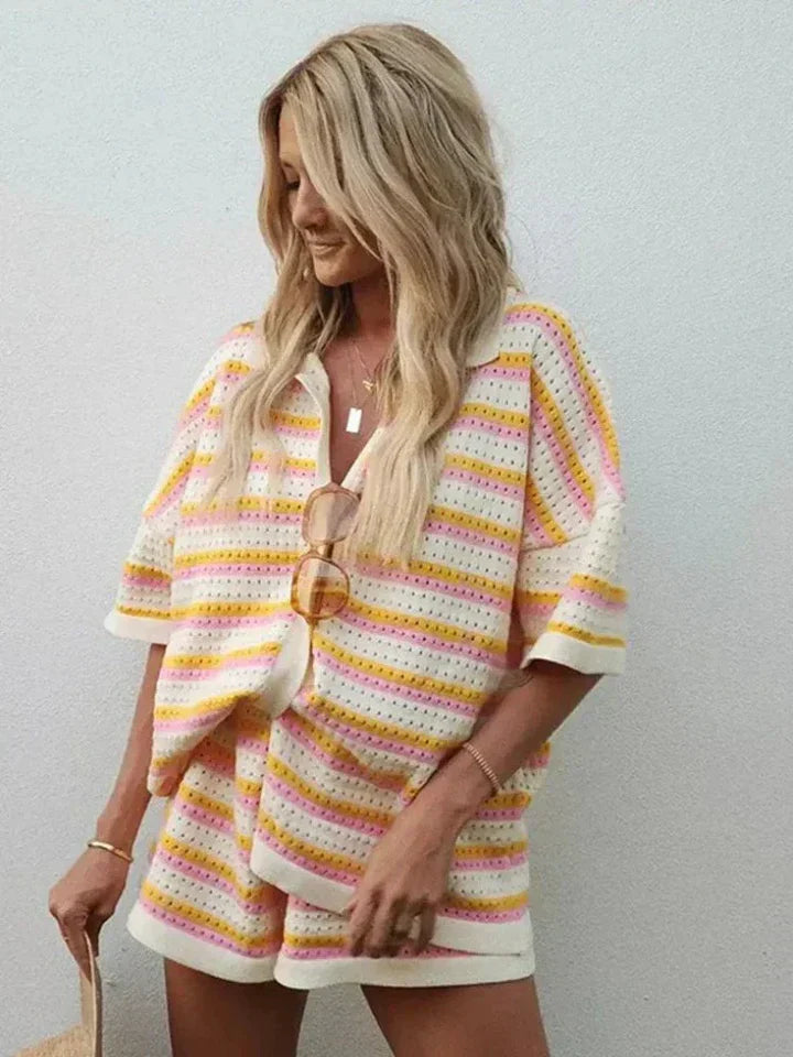 Ensemble maille femme deux pièces rayures contrastées