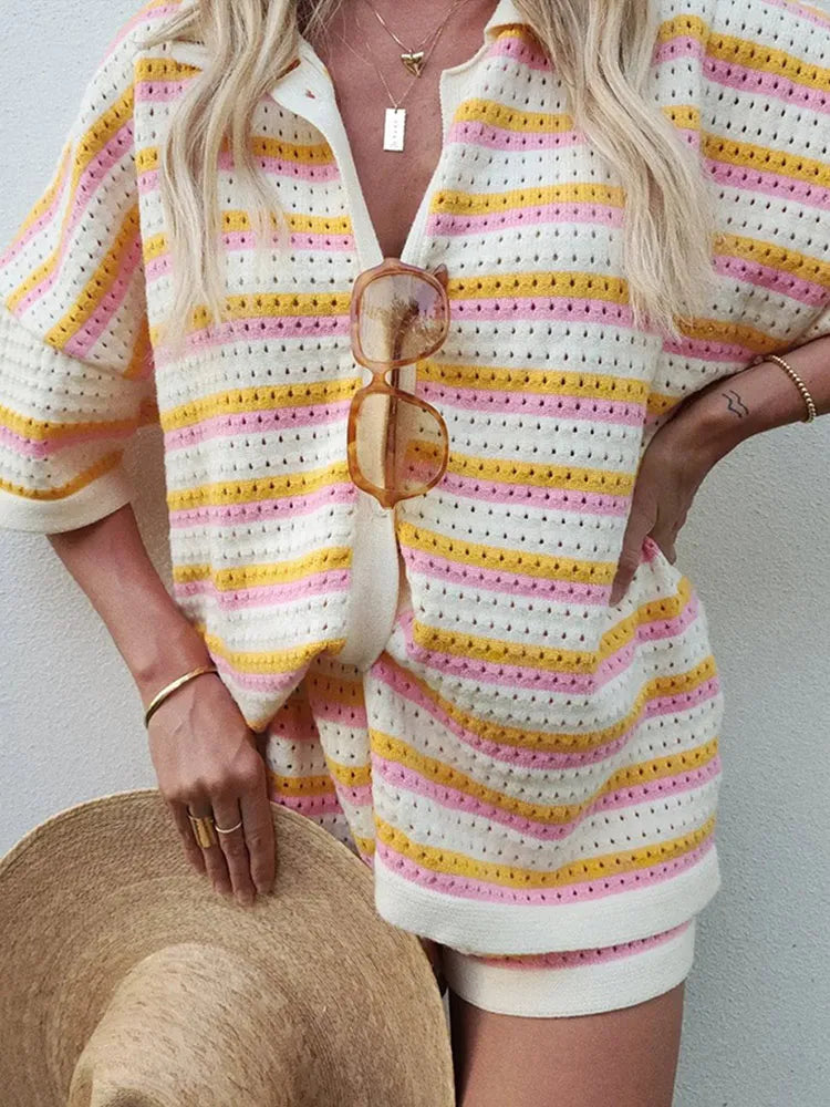 Ensemble maille femme deux pièces rayures contrastées