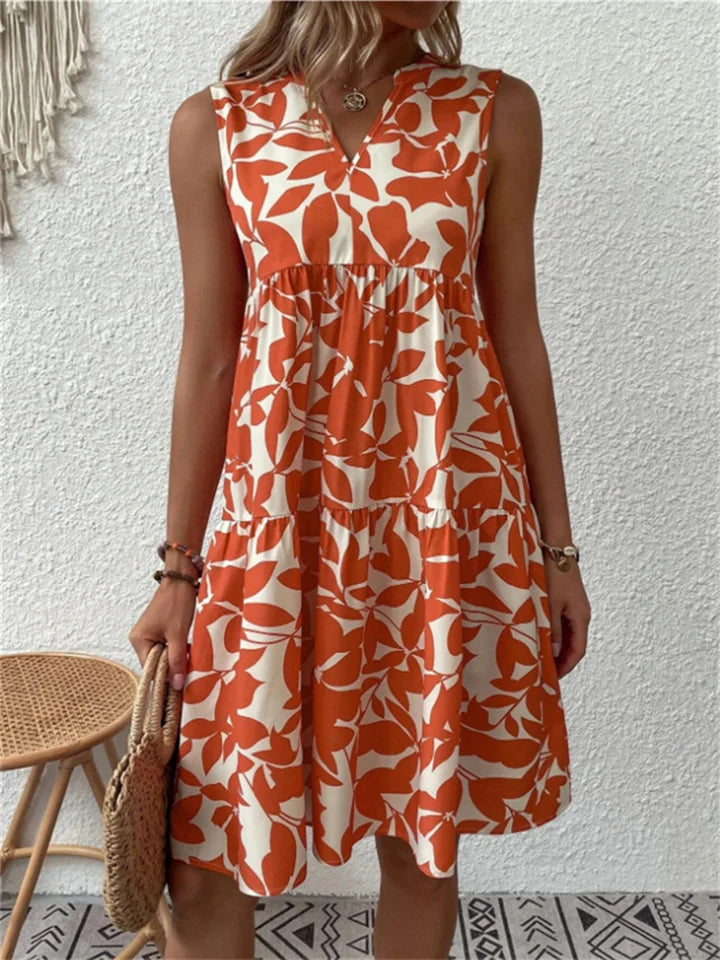 Robe Mi-Longue Femme Imprimée Coupe Droite Col V Sans Manches