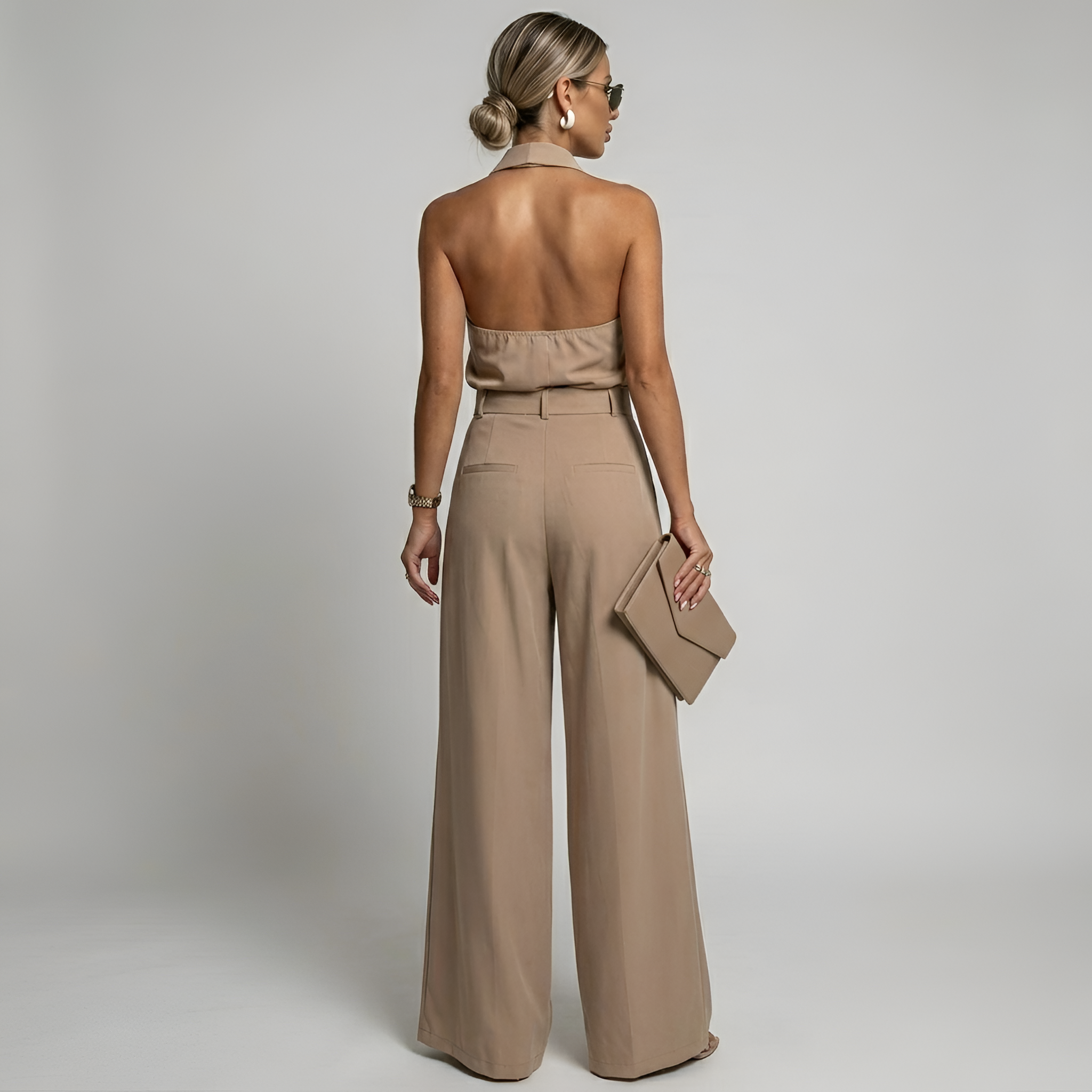 Combinaison femme pantalon palazzo et top halter col montant