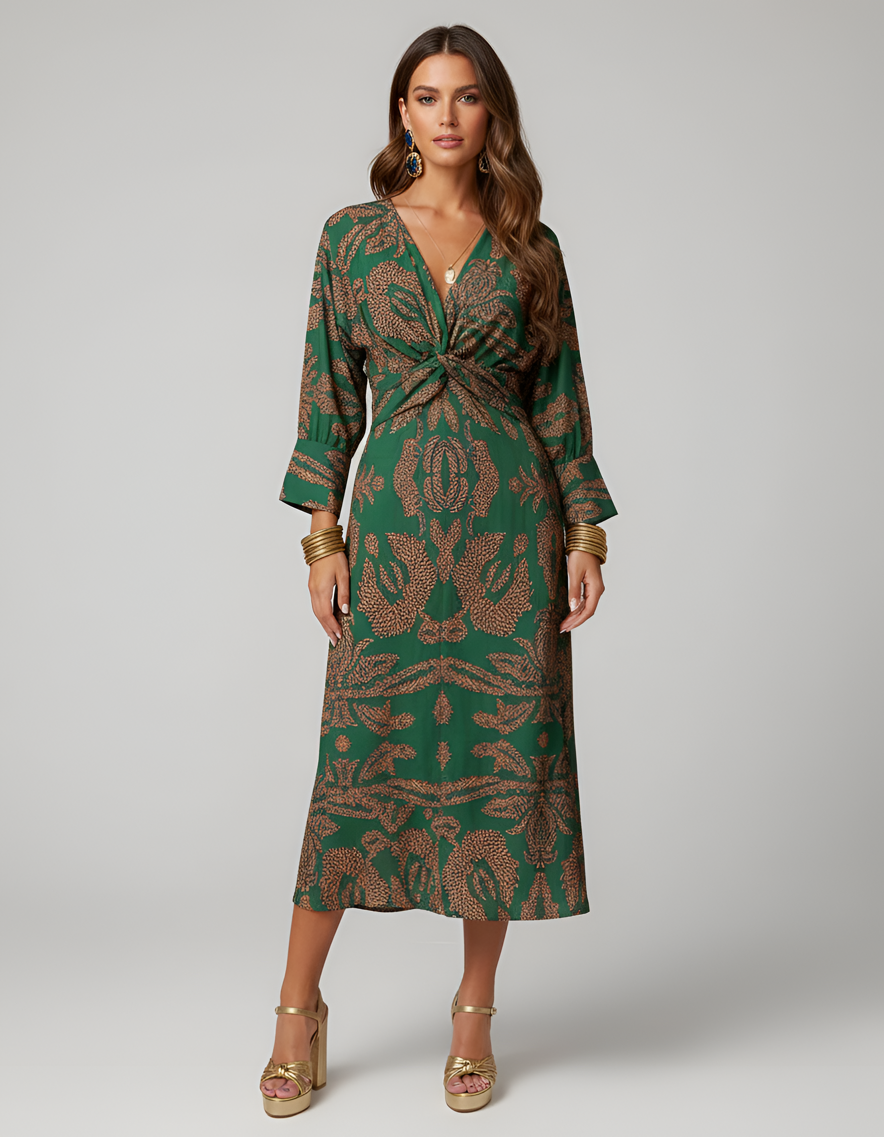 Robe midi femme col V manches longues nœud frontal satiné