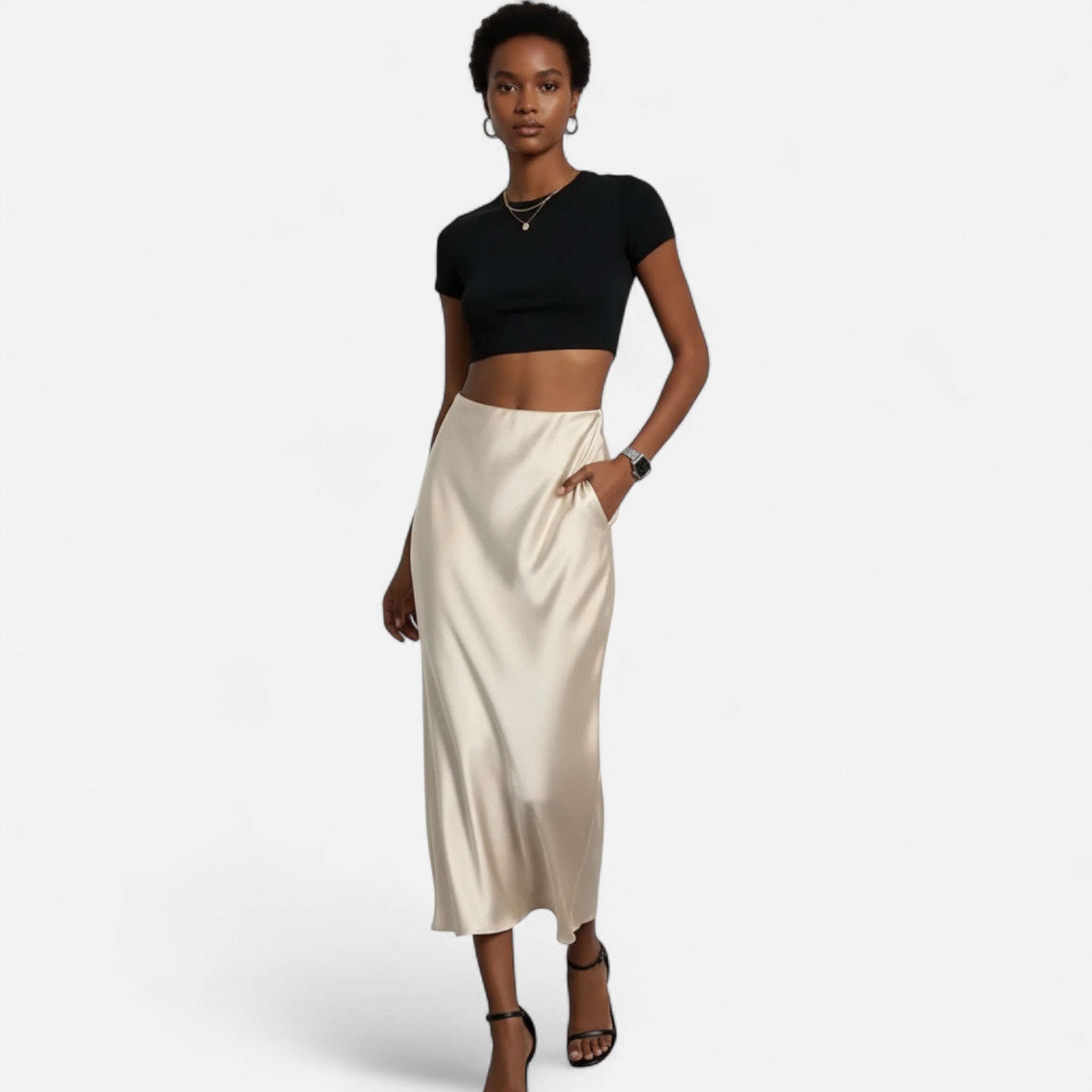 Jupe satin femme taille haute midi élégante