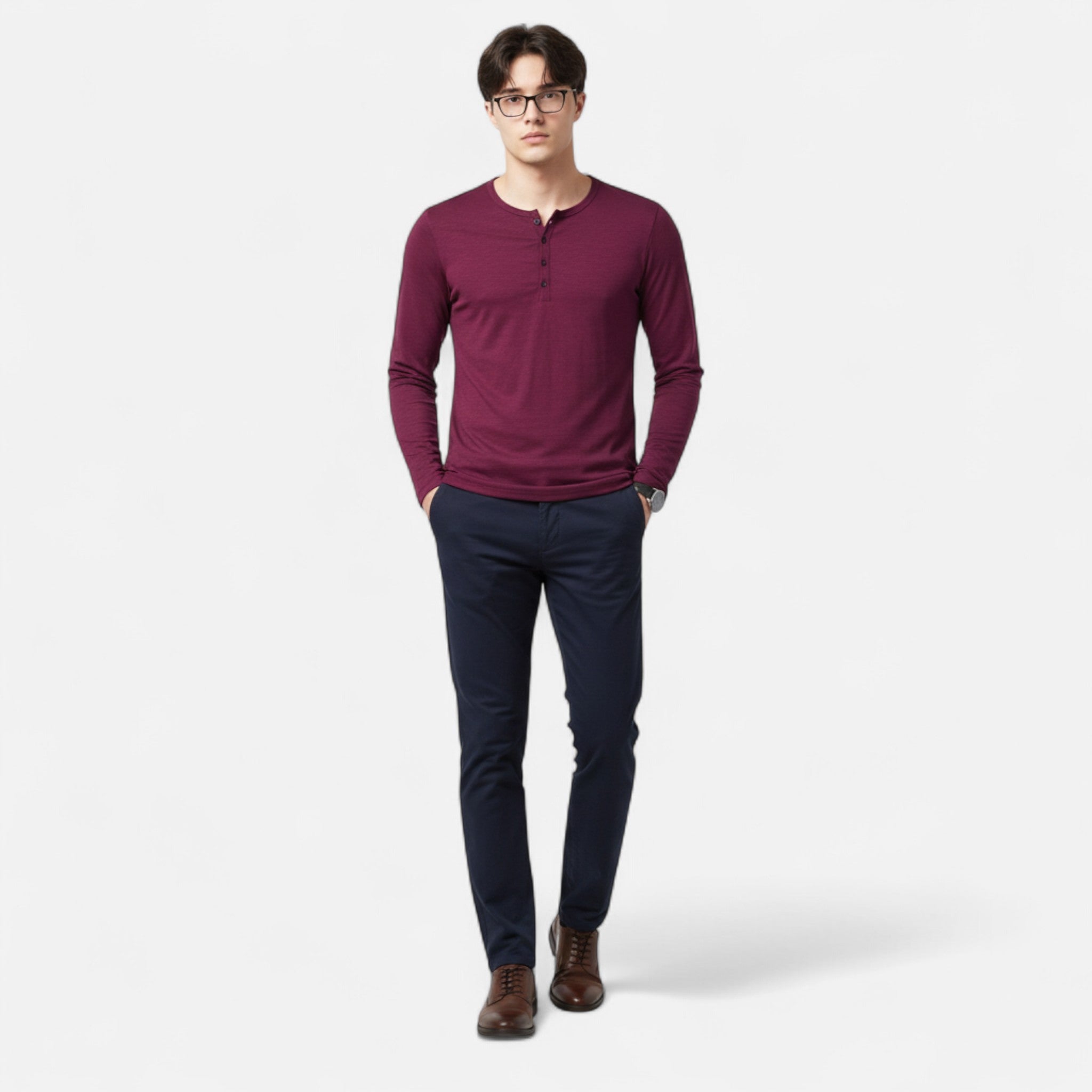 Henley Homme Manches Longues Coton Slim Fit
