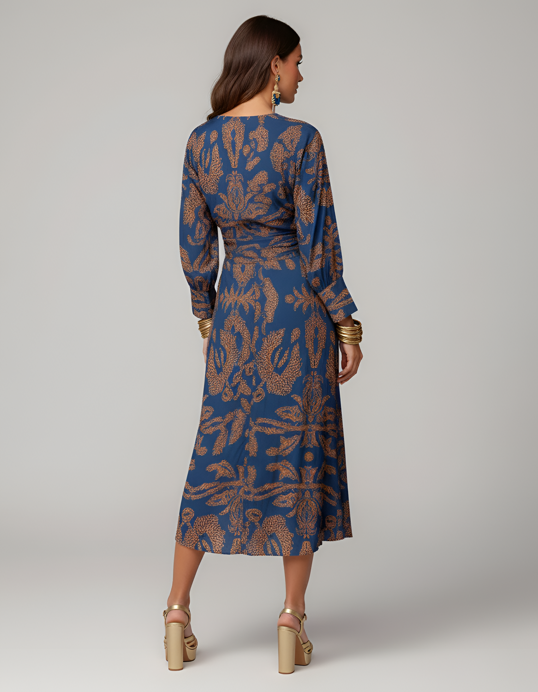 Robe midi femme col V manches longues nœud frontal satiné