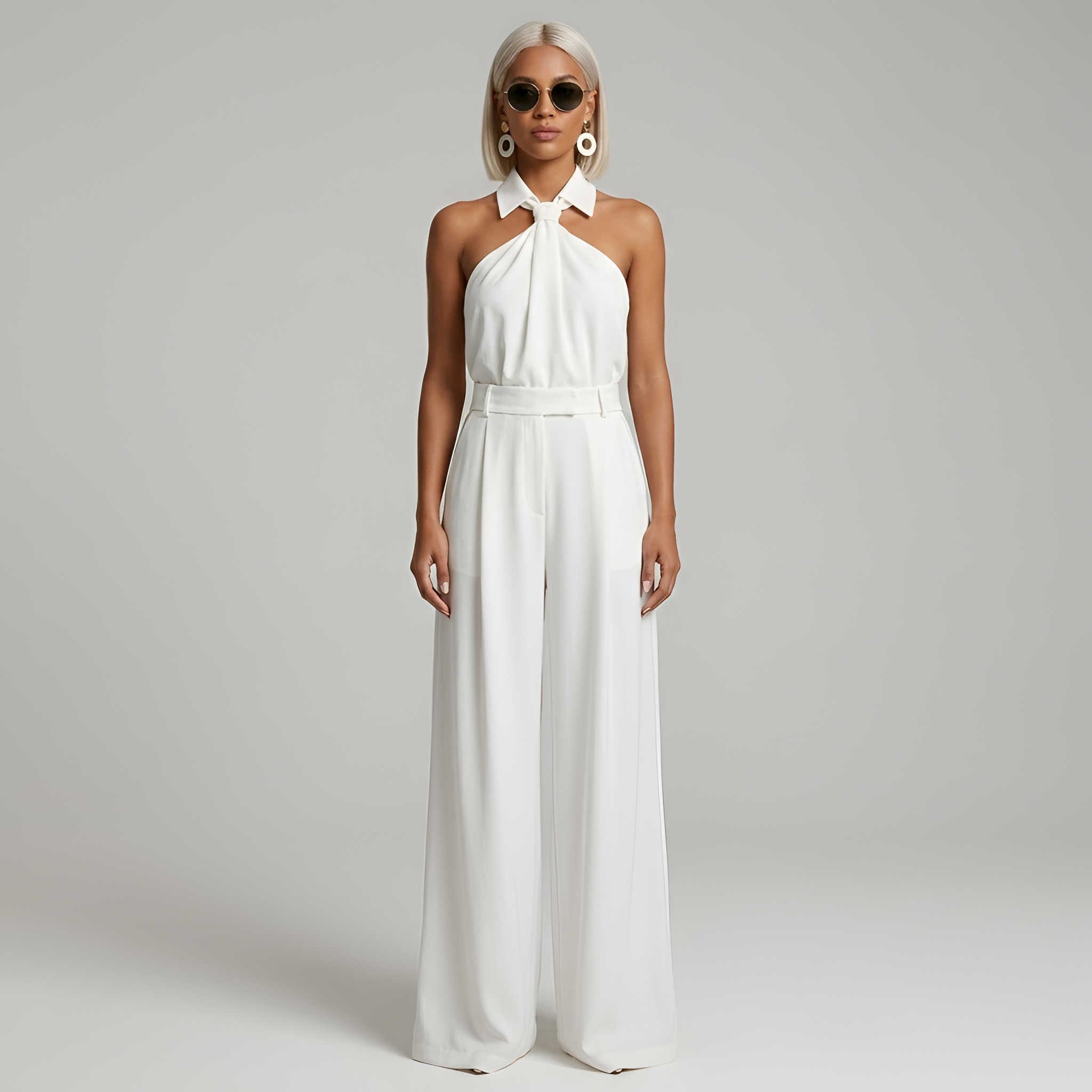 Combinaison femme pantalon palazzo et top halter col montant