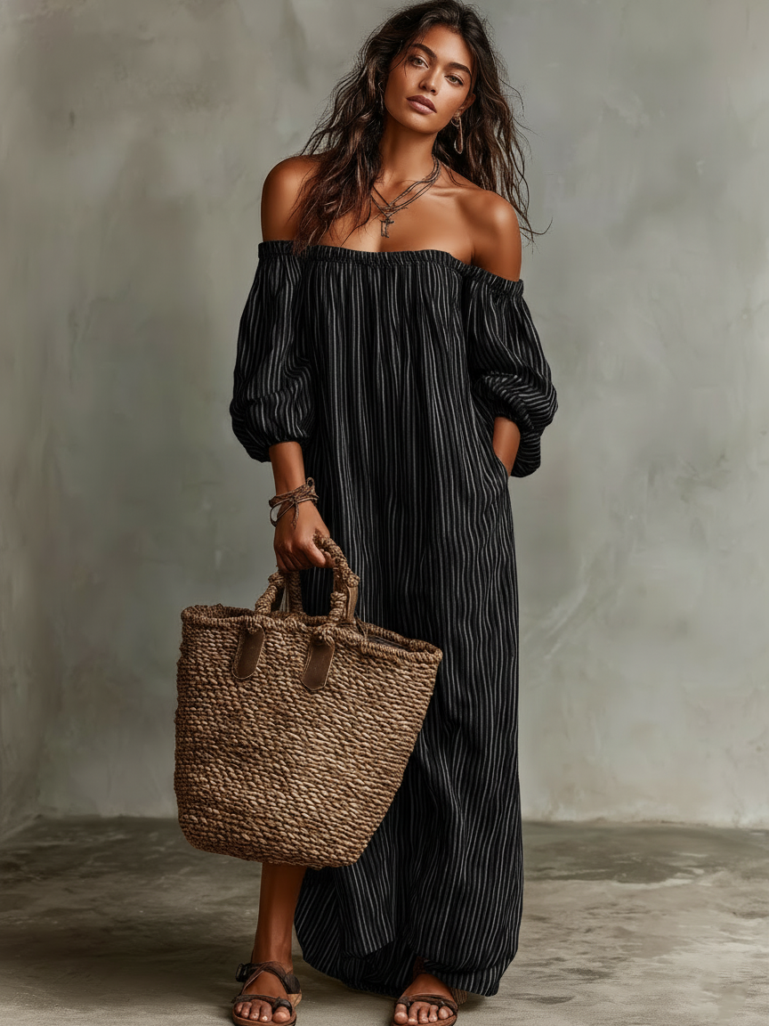 Robe maxi femme lin coton épaules dénudées manches longues