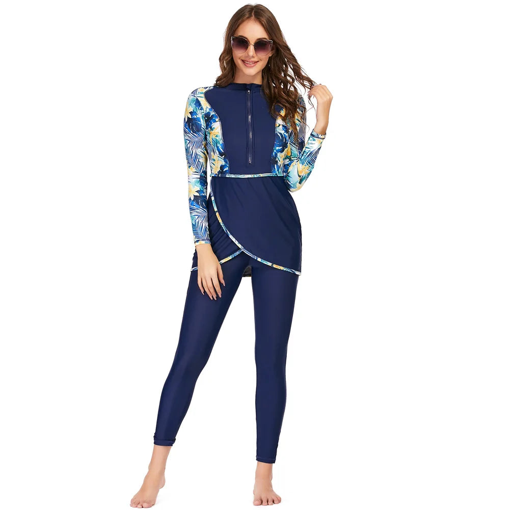 Burkini femme manches longues ensemble 3 pièces patchwork sport