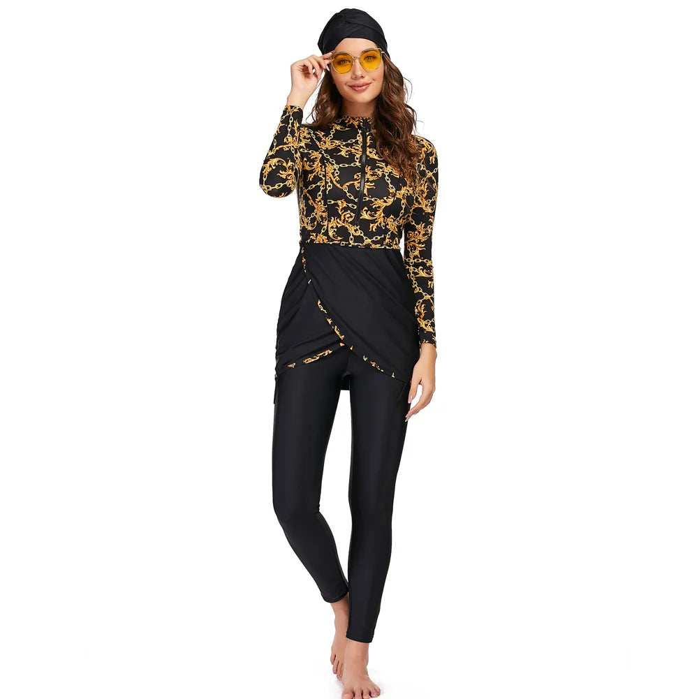 Burkini femme manches longues ensemble 3 pièces patchwork sport