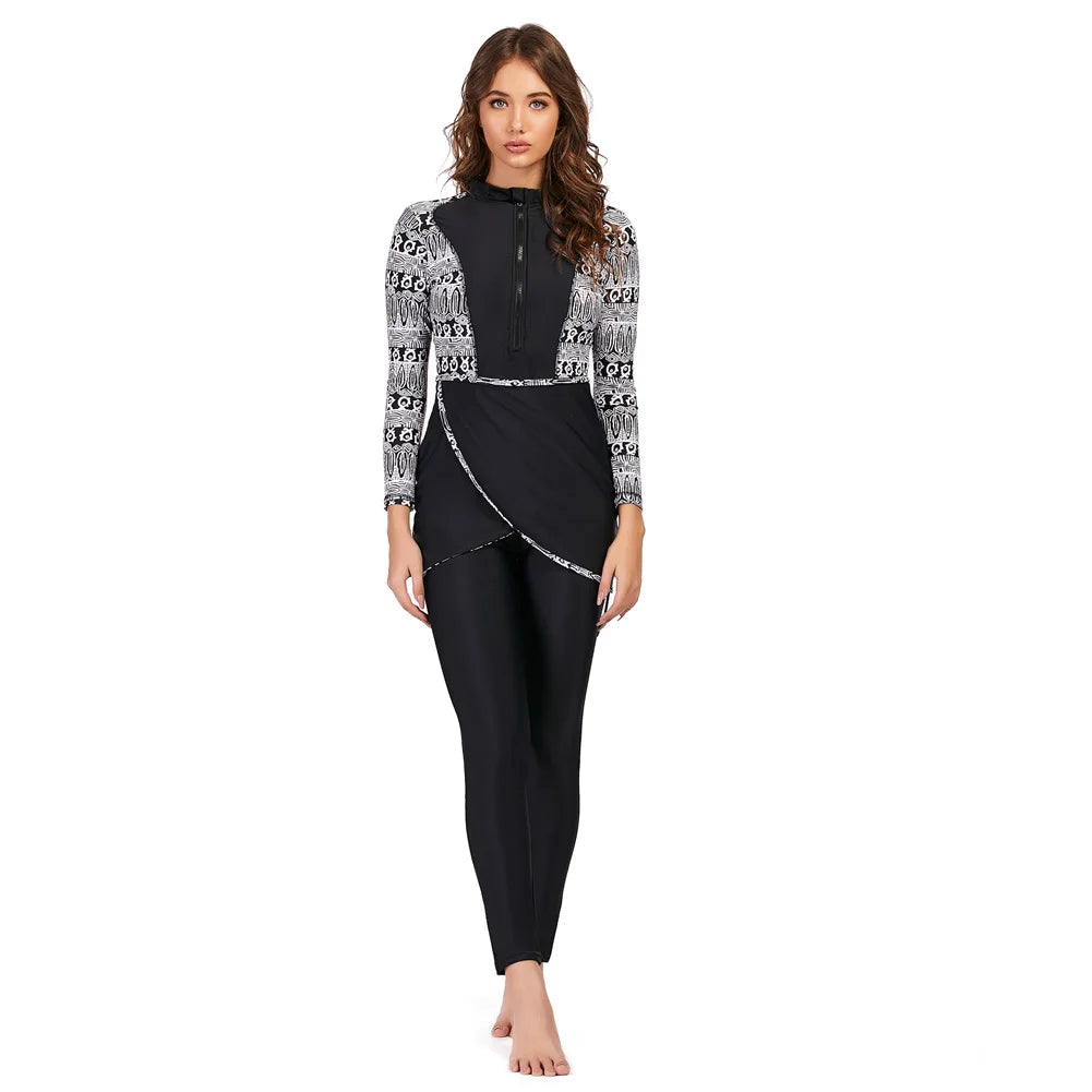 Burkini femme manches longues ensemble 3 pièces patchwork sport