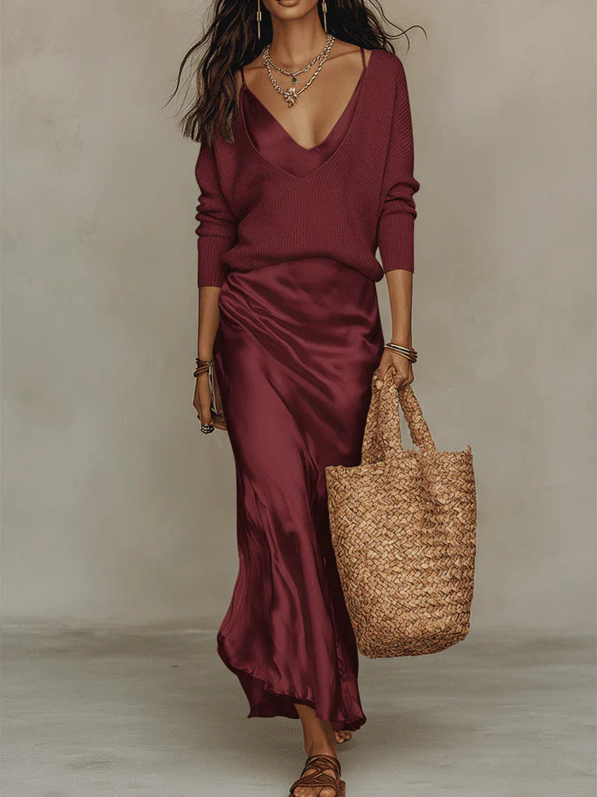 Ensemble Robe Midi Satin Femme avec Pull Coordonné