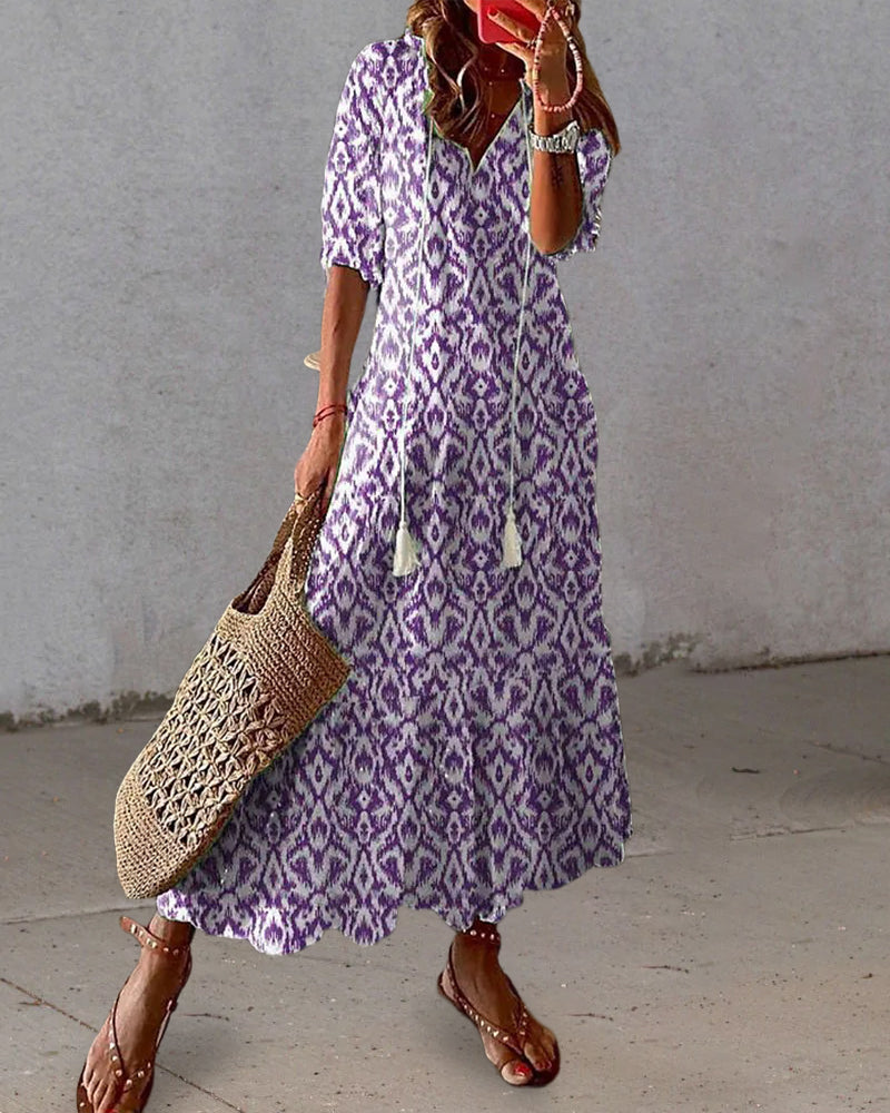 Robe Été Femme A-Line Imprimé Géométrique Manches Lanterne