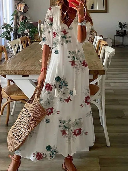 Robe Été Femme A-Line Imprimé Géométrique Manches Lanterne