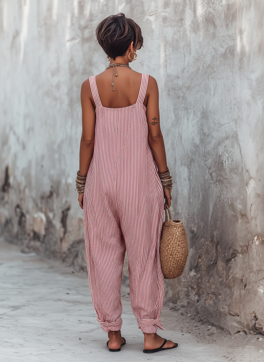 Combinaison femme rayée sans manches encolure carrée