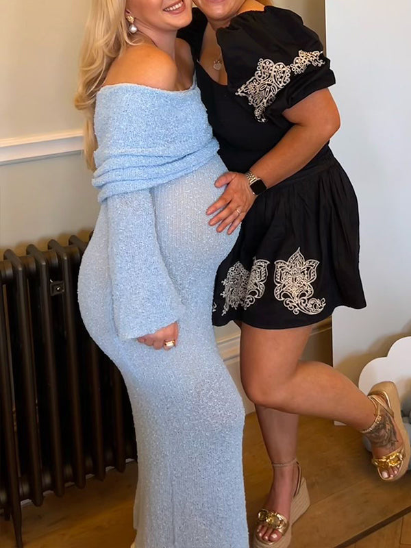 Robe Maxi Maternité Tricot Épaules Dénudées Manches Évasées