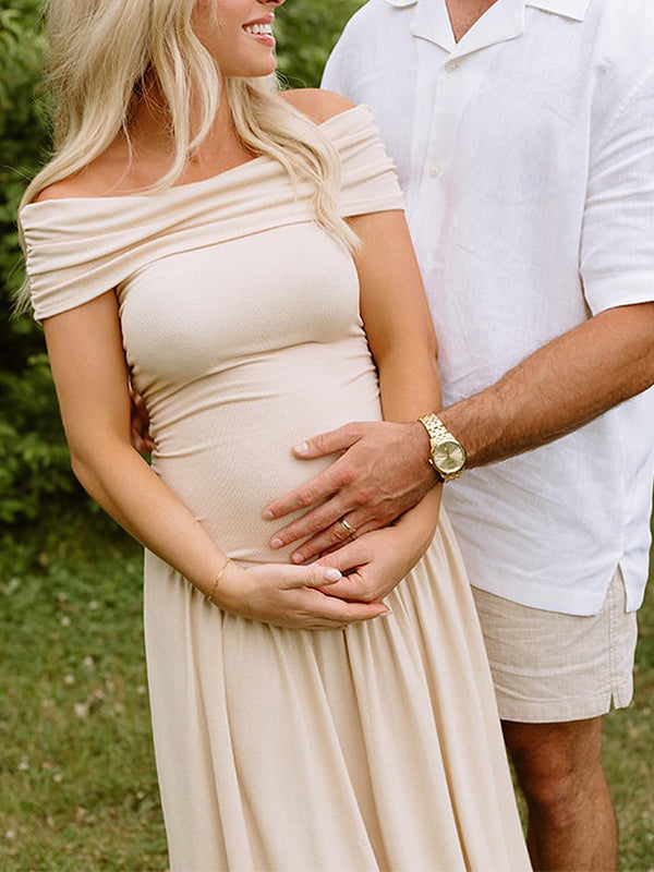 Robe Maxi Maternité Épaules Dénudées Dos Nu Froncée