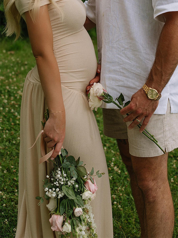 Robe Maxi Maternité Épaules Dénudées Dos Nu Froncée
