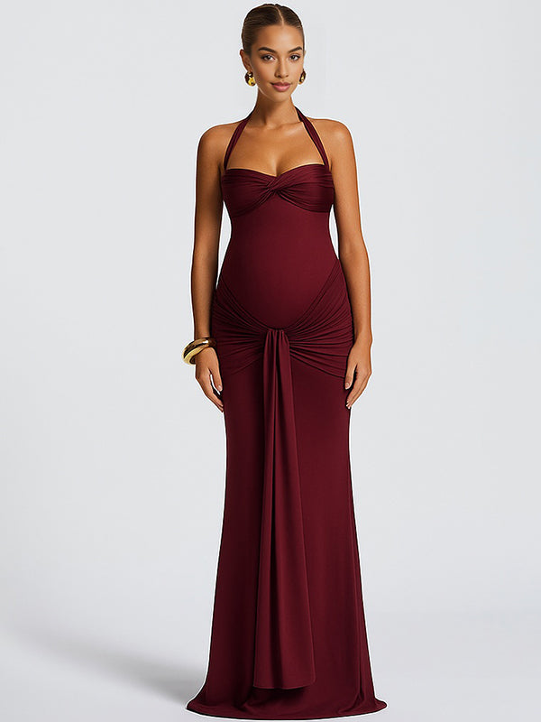 Robe Maxi Maternité Maille Froncée Dos Nu Col Licou