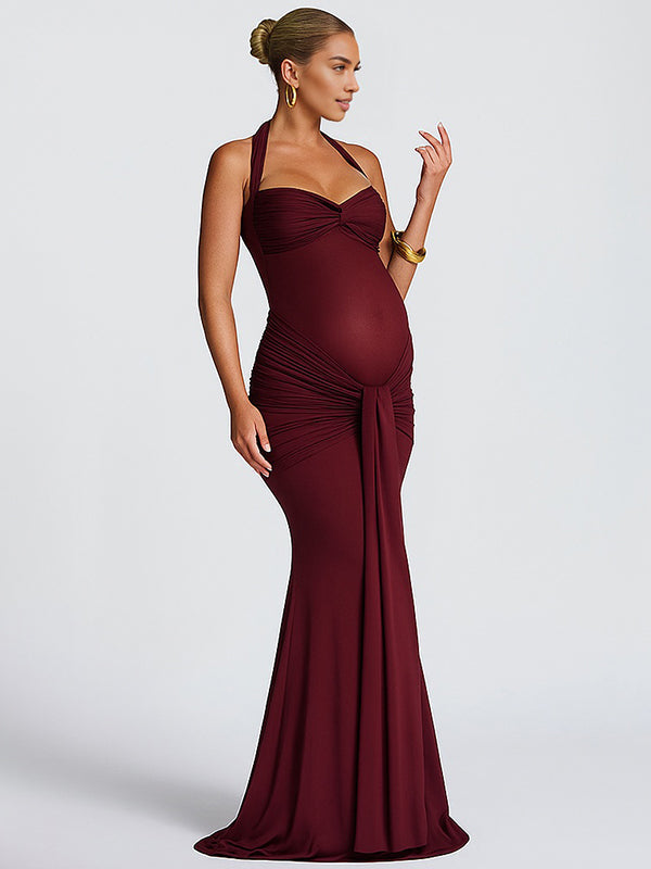 Robe Maxi Maternité Maille Froncée Dos Nu Col Licou