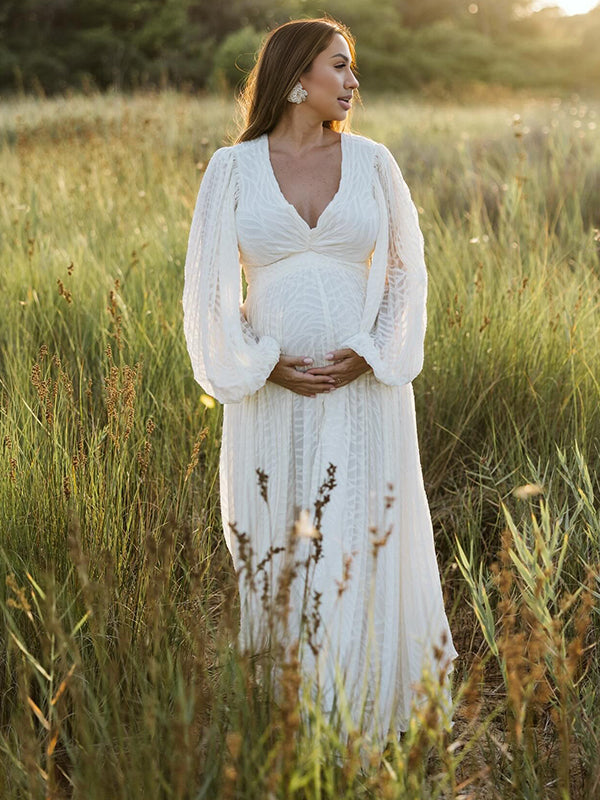 Robe Maxi Maternité Boho Manches Lanterne Dos Nu Froncée
