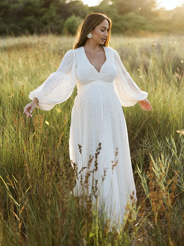 Robe Maxi Maternité Boho Manches Lanterne Dos Nu Froncée