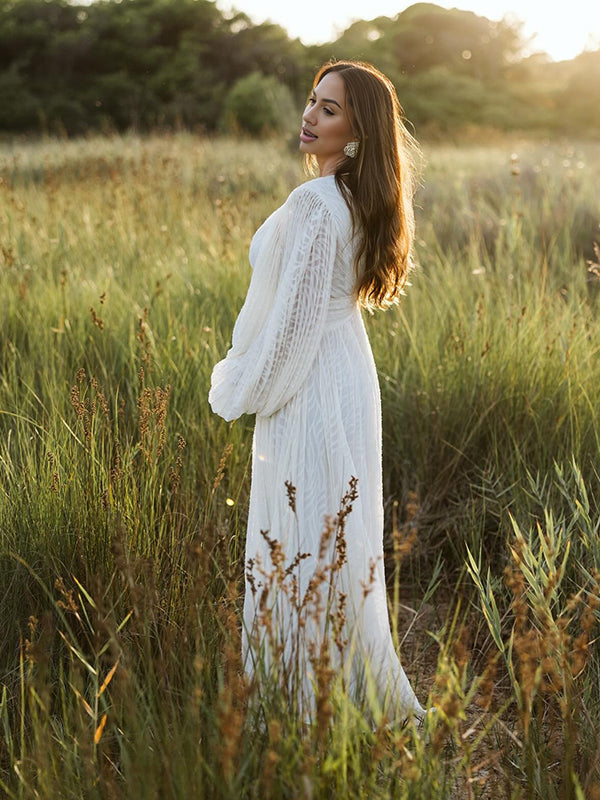 Robe Maxi Maternité Boho Manches Lanterne Dos Nu Froncée