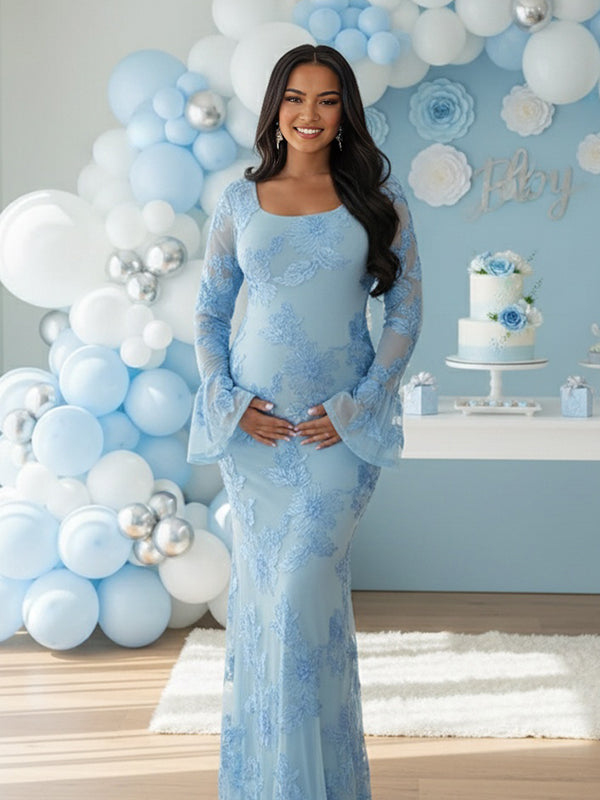 Robe Maxi Maternité Maille Brodée Fleurs Volants Moulante