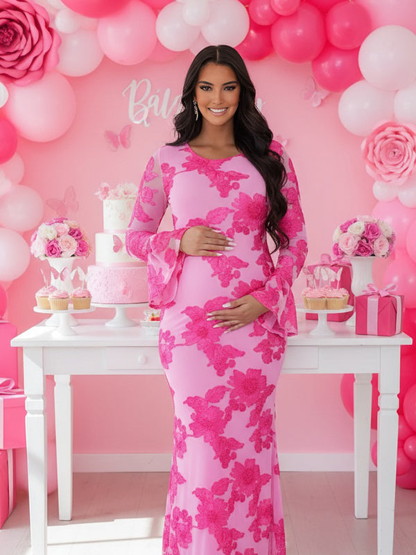 Robe Maxi Maternité Maille Brodée Fleurs Volants Moulante