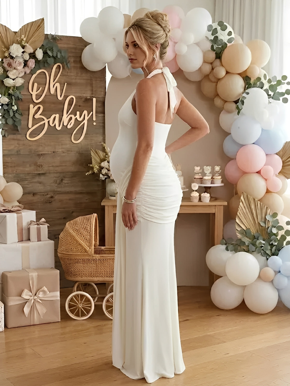Robe Maxi Maternité Col Licou Dos Nu Froncée Nœud