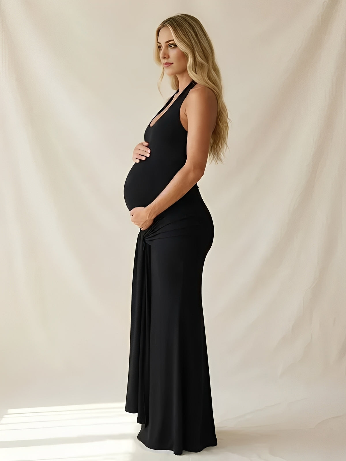 Robe Maxi Maternité Col Licou Dos Nu Froncée Nœud
