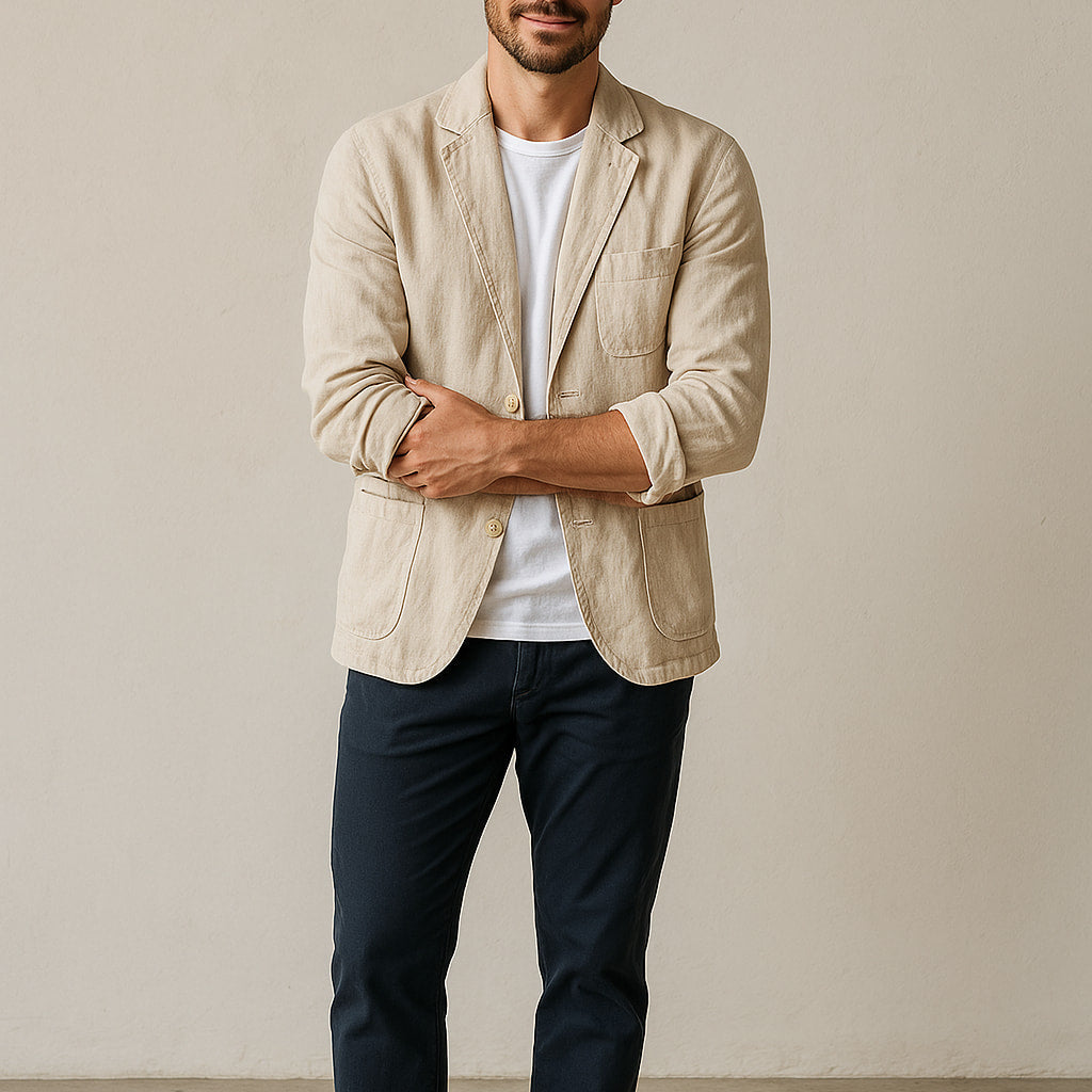 Blazer Lin Homme Casual Non Structuré Revers Cranté Été