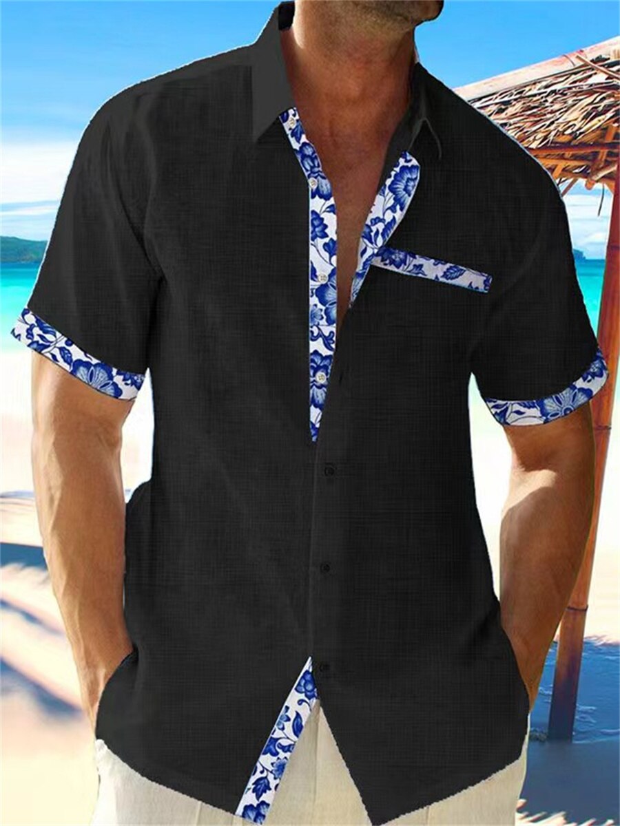 Chemise Lin Homme Manches Courtes Détail Floral Été Casual