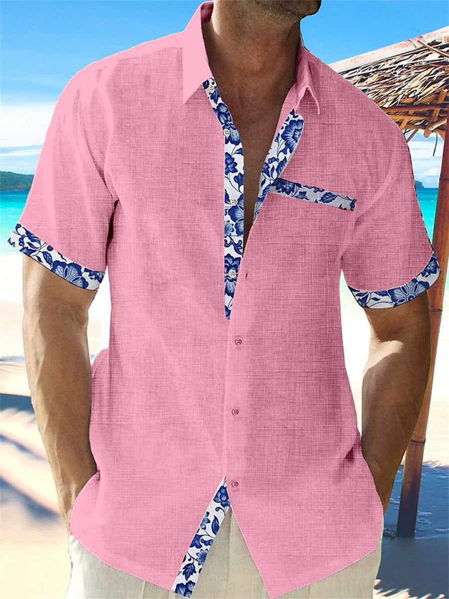 Chemise Lin Homme Manches Courtes Détail Floral Été Casual