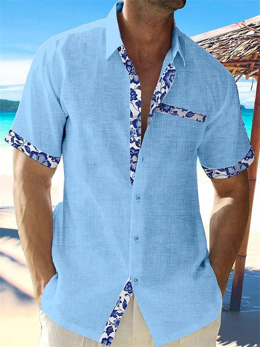Chemise Lin Homme Manches Courtes Détail Floral Été Casual