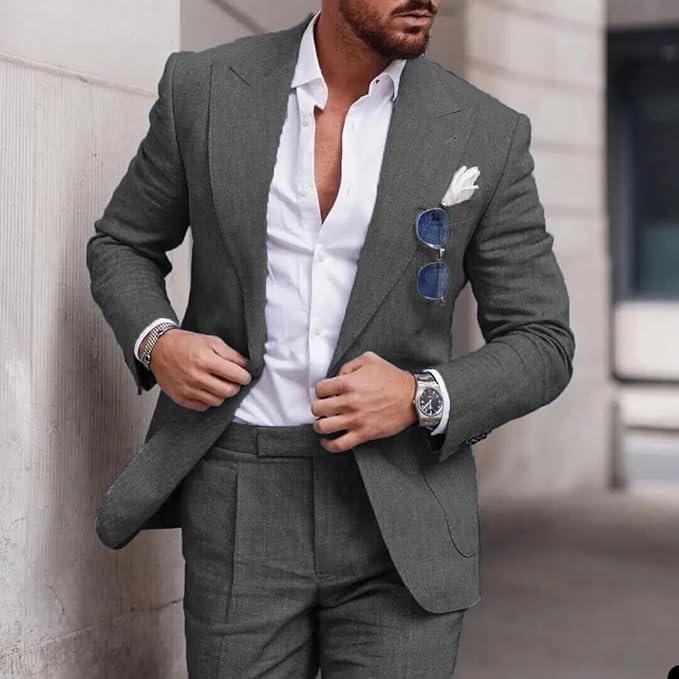 Costume Lin Homme Slim Fit Élégant Mariage Été Cérémonie