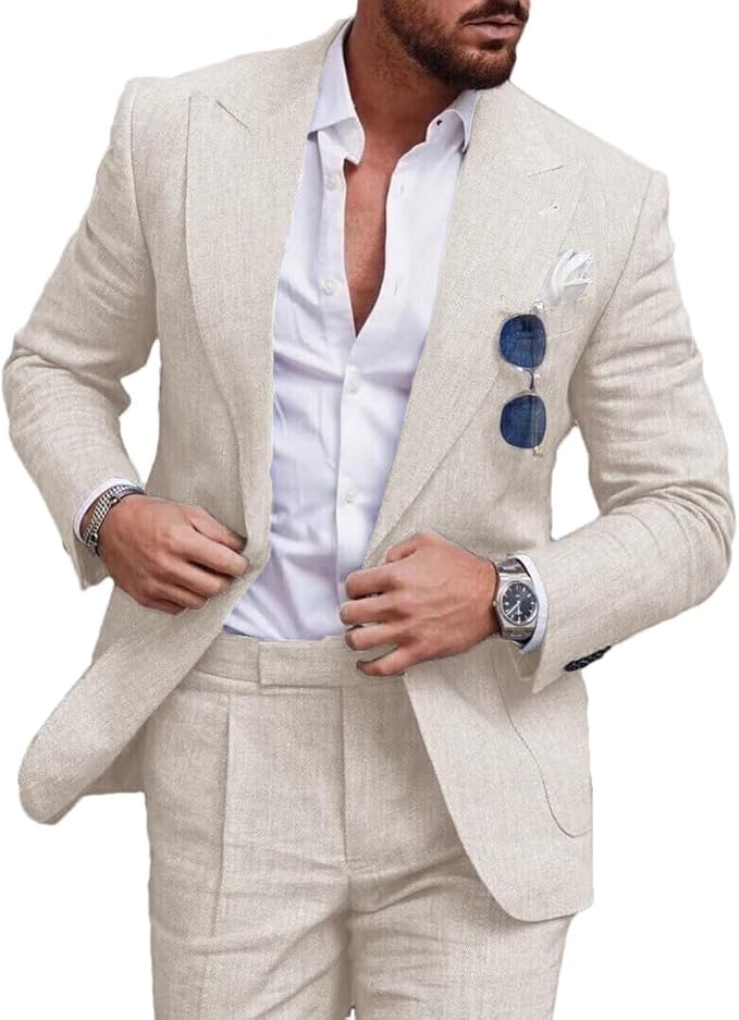 Costume Lin Homme Slim Fit Élégant Mariage Été Cérémonie