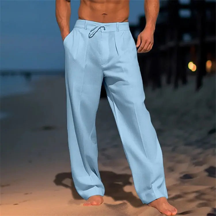 Pantalon homme lin léger coupe décontractée cordon taille élastique