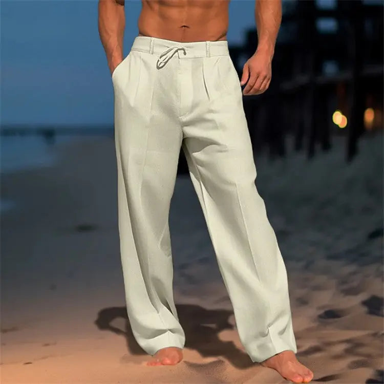 Pantalon homme lin léger coupe décontractée cordon taille élastique