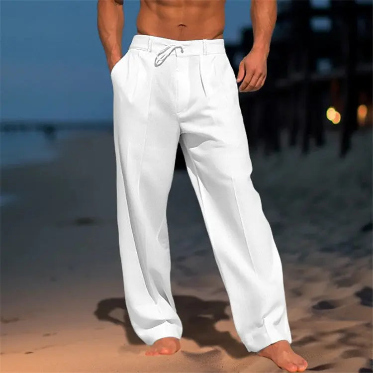Pantalon homme lin léger coupe décontractée cordon taille élastique