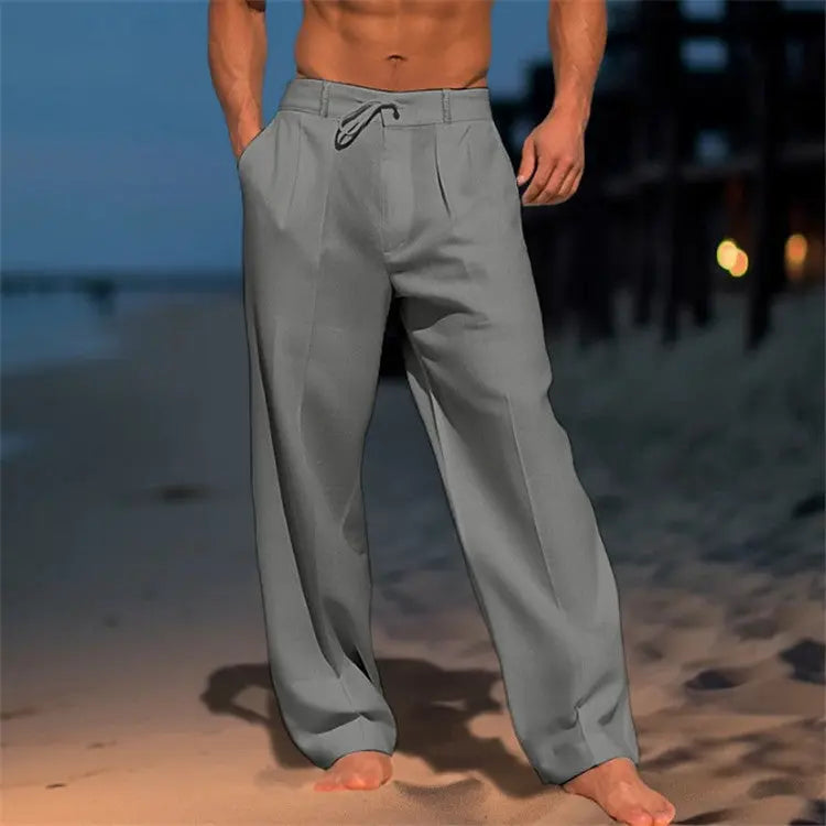 Pantalon homme lin léger coupe décontractée cordon taille élastique