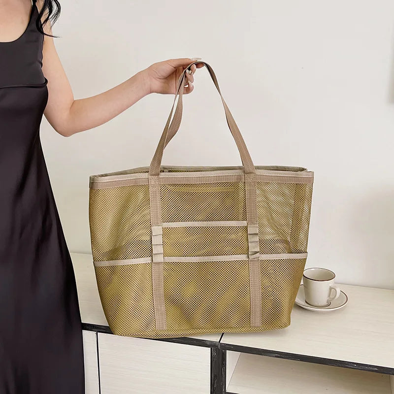 Sac de plage canvas grande capacité maille semi-transparente