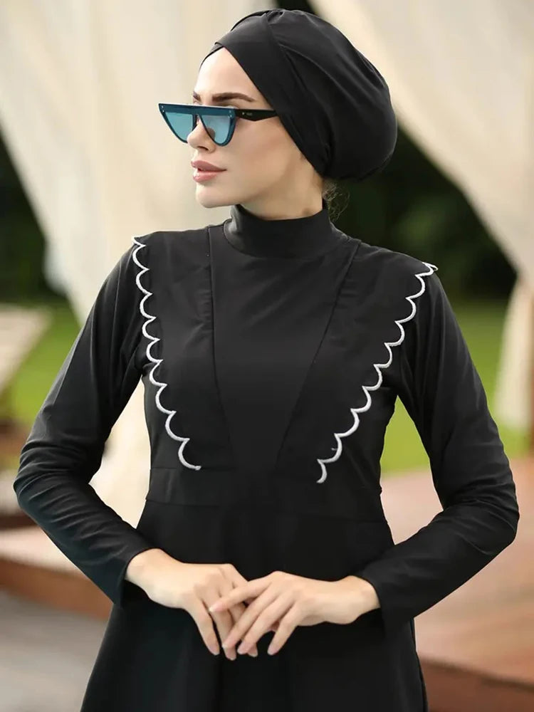 Burkini femme 3 pièces couverture intégrale bordure lotus