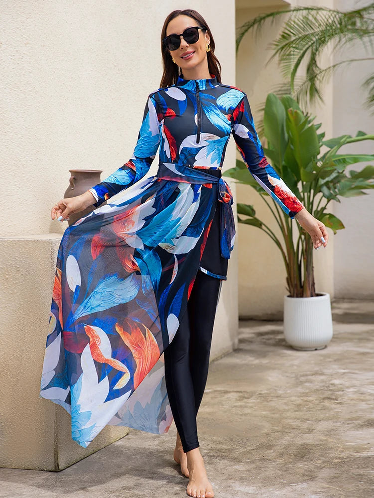 Burkini femme 3/4 pièces floral châle séchage rapide UPF50+