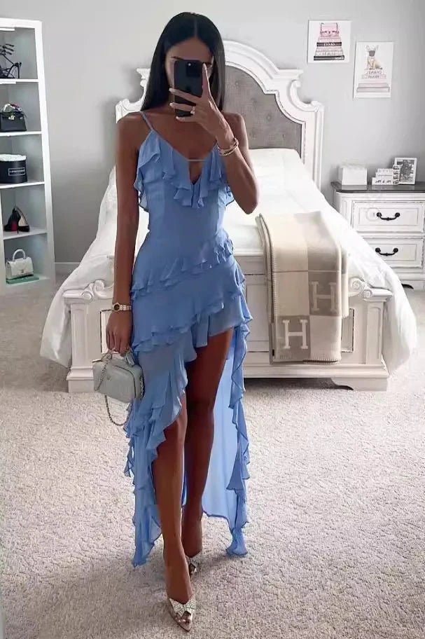 Robe femme à volants bretelles asymétrique légère
