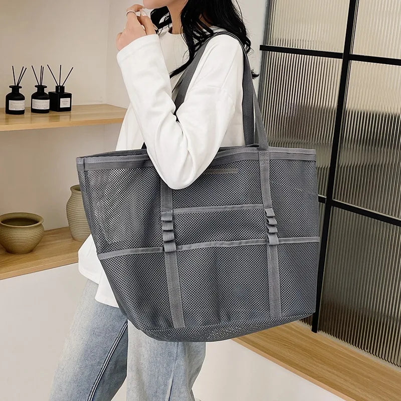 Sac de plage canvas grande capacité maille semi-transparente