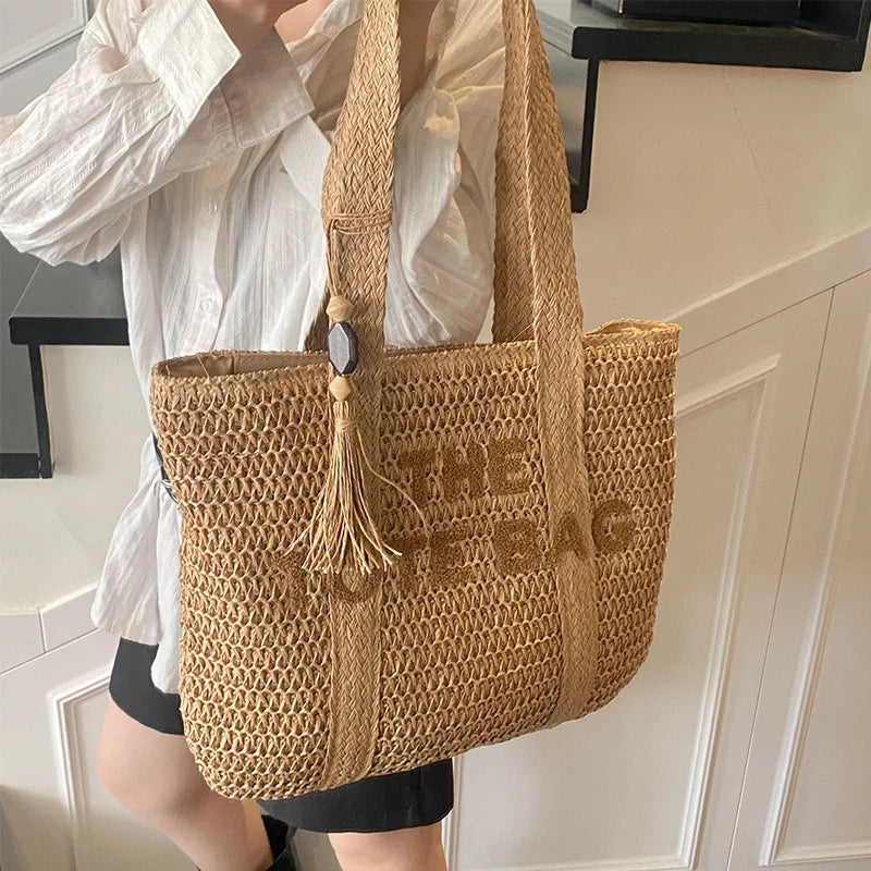Sac de plage femme tressé paille grande capacité bandoulière